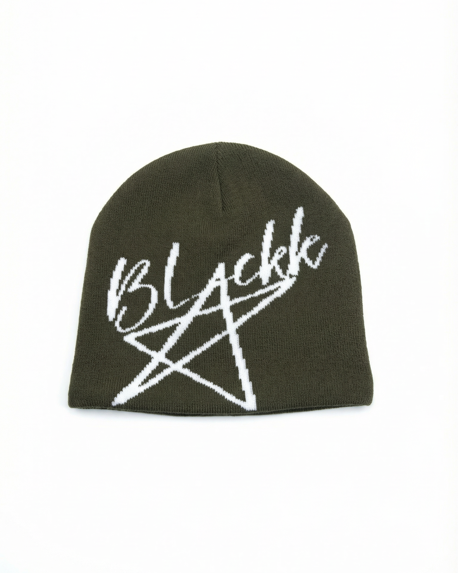 Black beanie with white logo on a white background