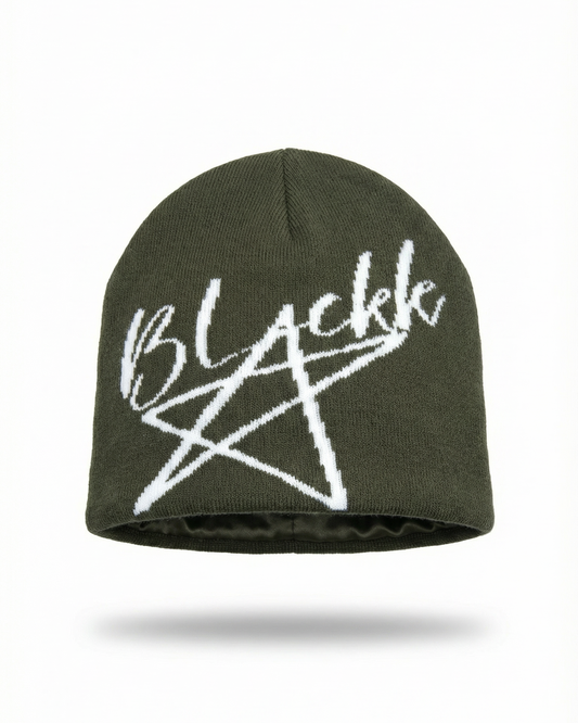 Green beanie with white logo on a white background