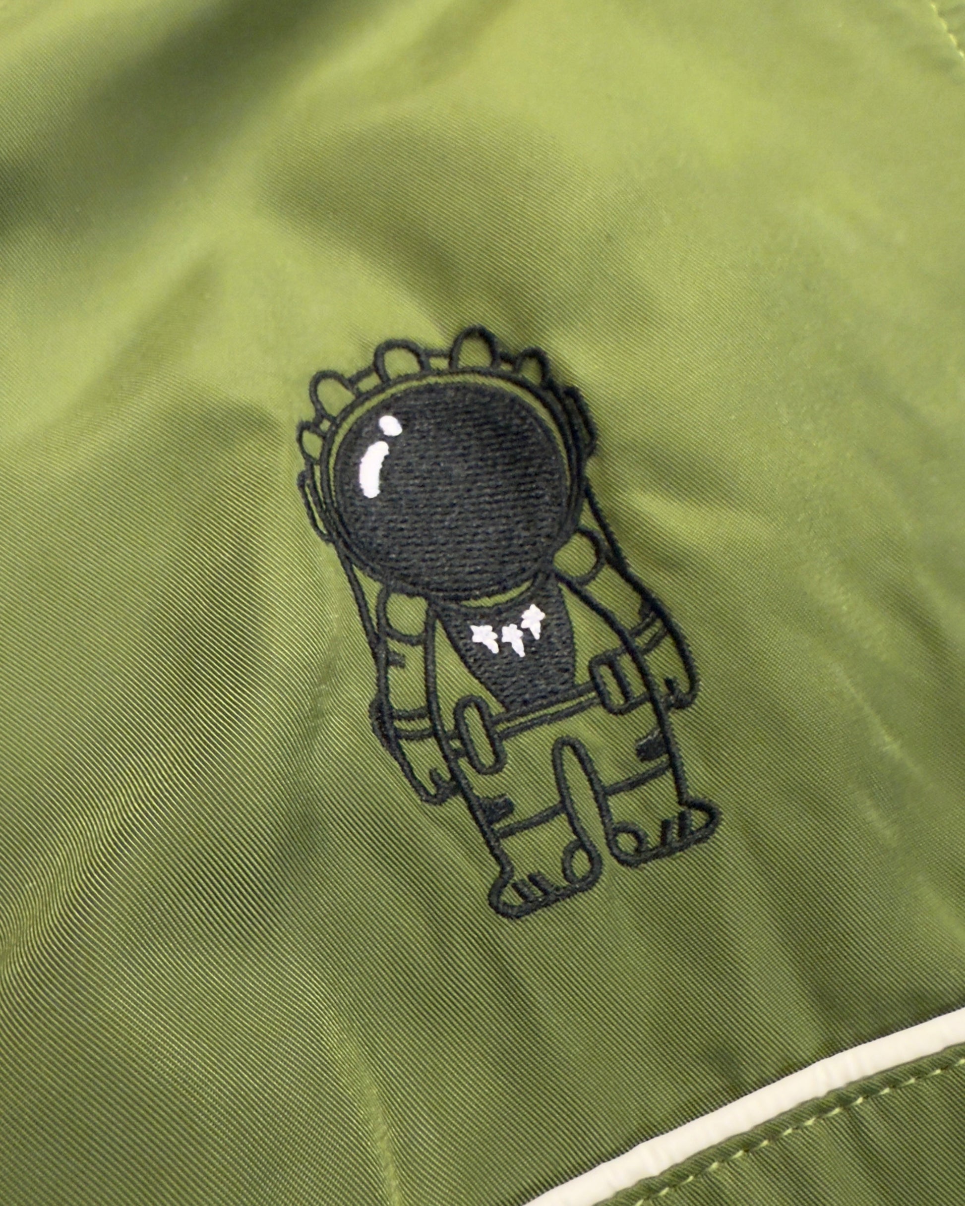 Black embroidered character on a green jacket