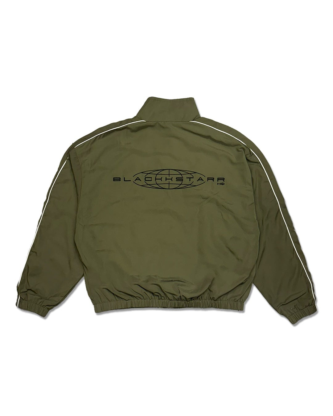 Green jacket with a blackkstarr logo on a white background