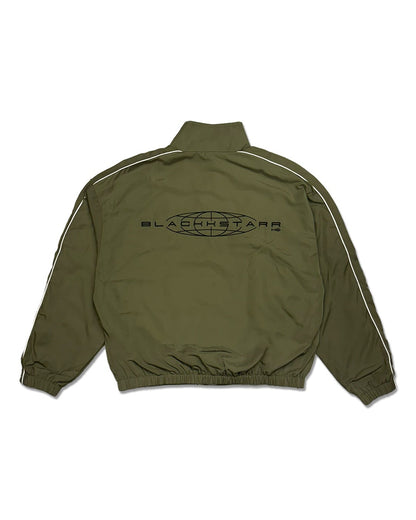Green jacket with a blackkstarr logo on a white background