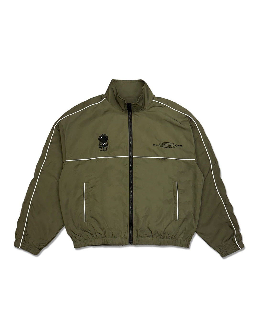 Green jacket with white accents on a white background