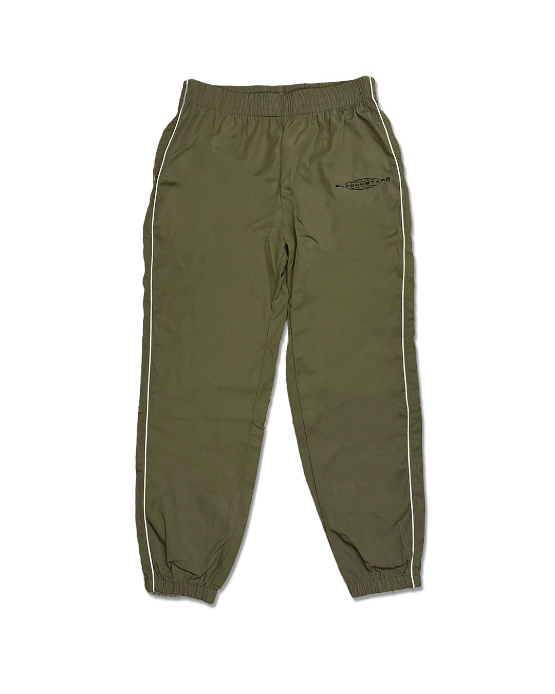 Green jogger pants with white stripes on a white background