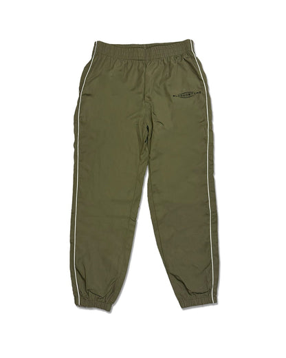 Green jogger pants with white stripes on a white background