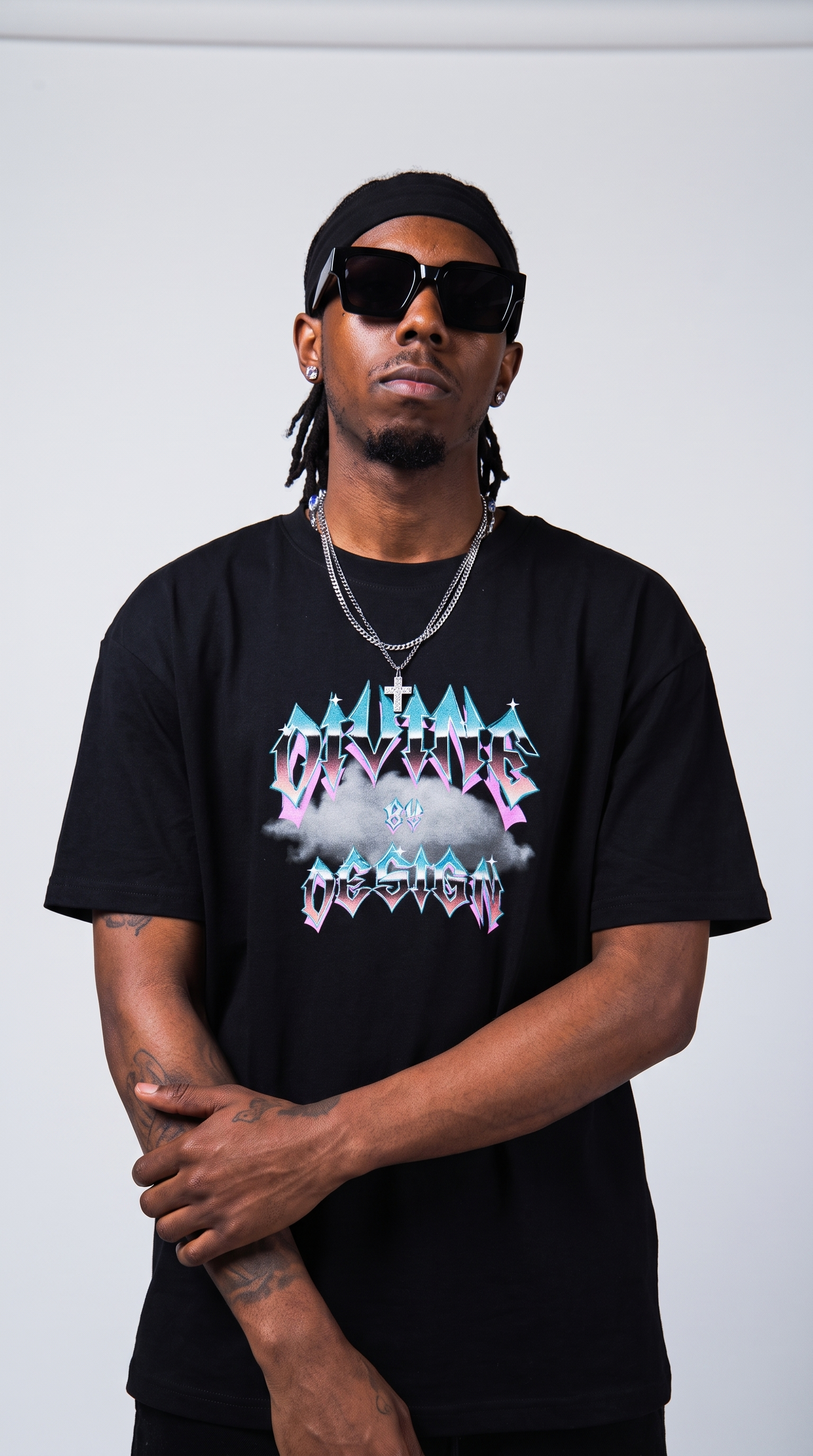 Divine by Design Type tee — arms crossed, front