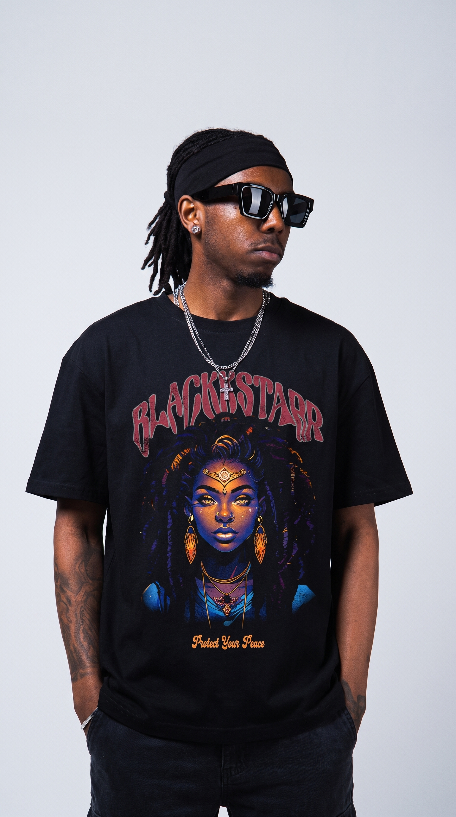 Protect Your Peace tee — hands in pockets, relaxed