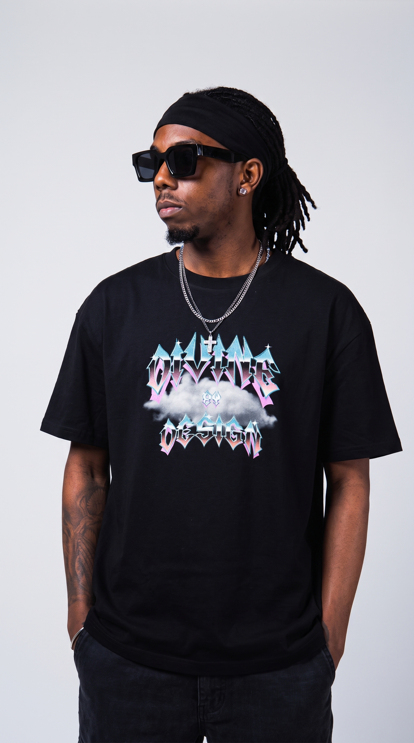 Divine by Design Type tee — hands in pockets, relaxed