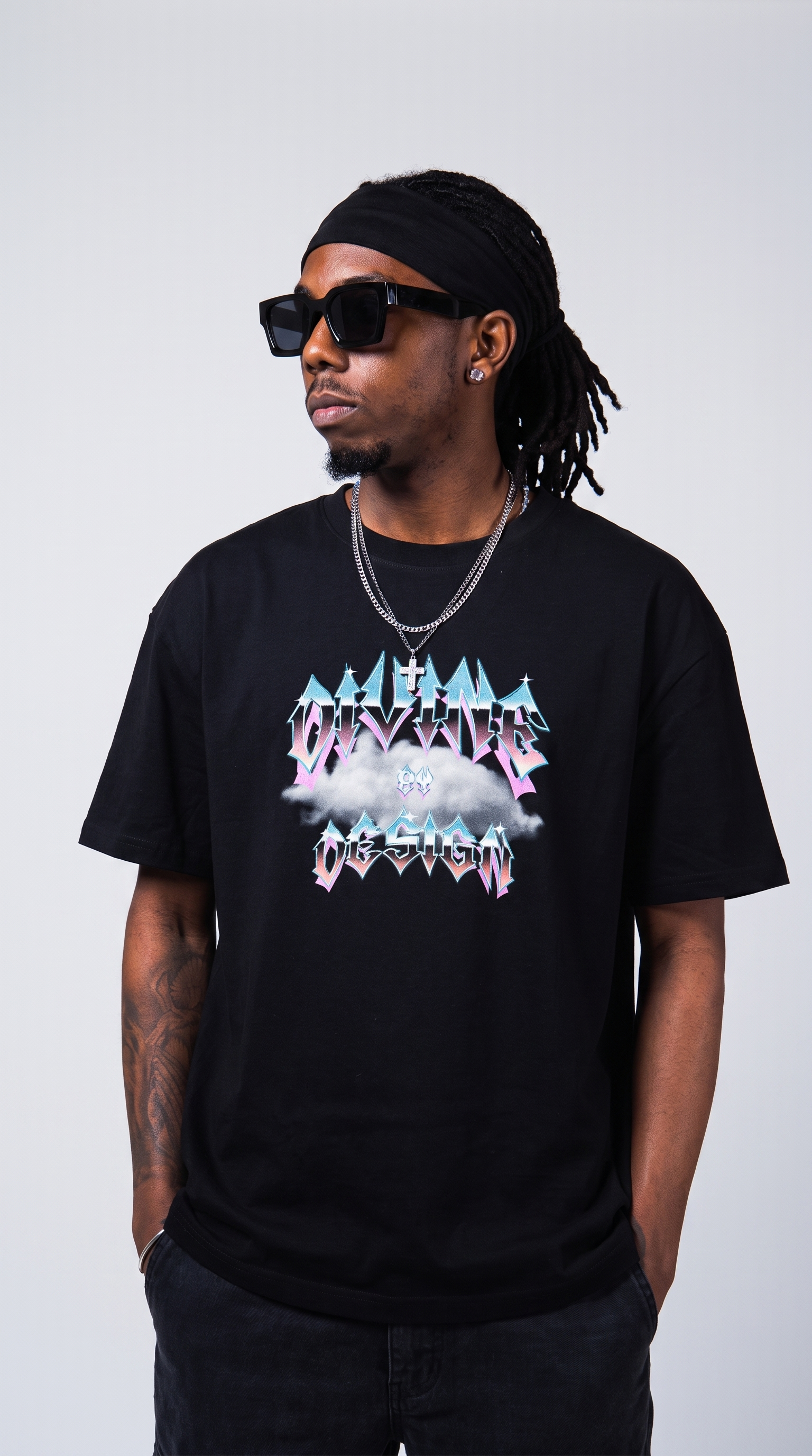 Divine by Design Type tee — hands in pockets, relaxed