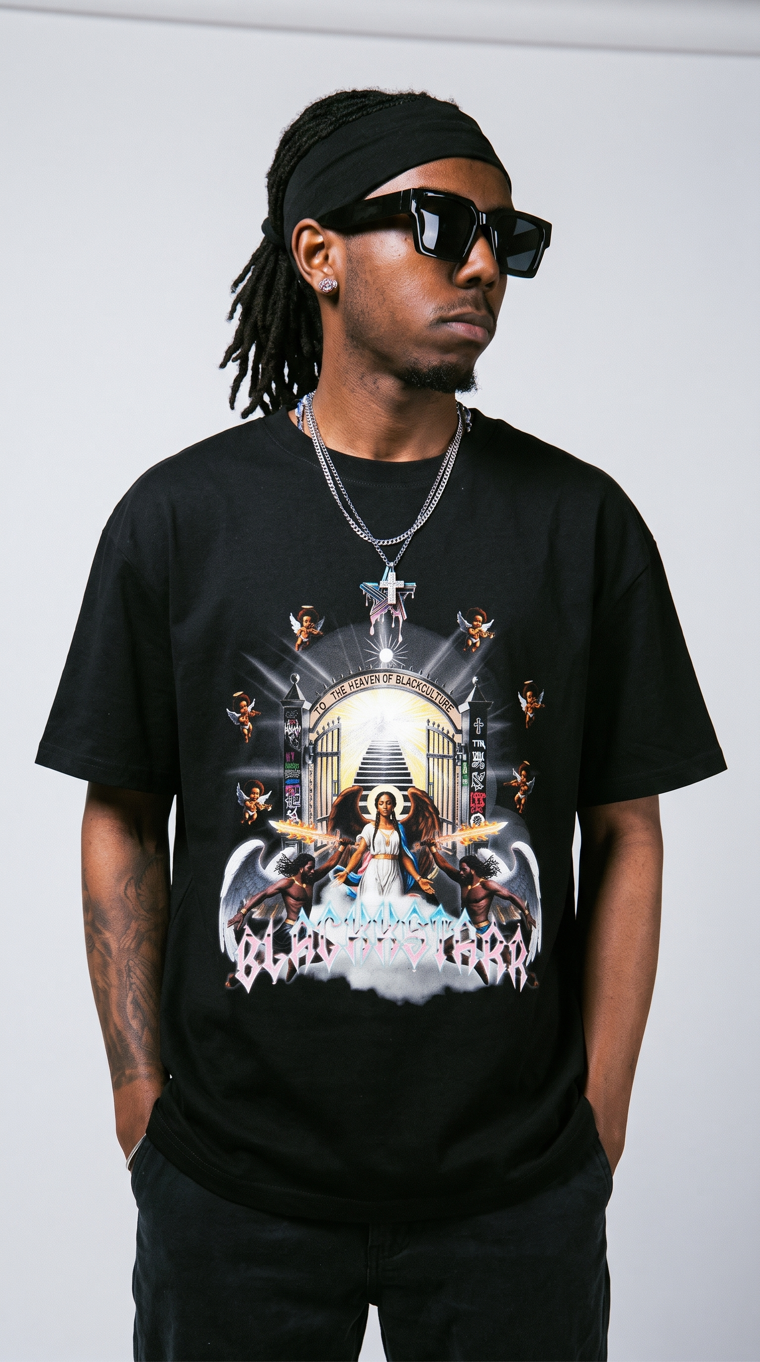 Divine by Design tee — hands in pockets, relaxed