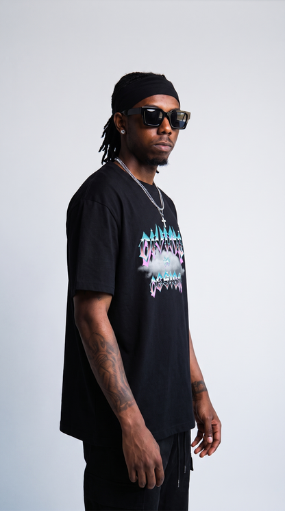 Divine by Design Type tee — three-quarter profile, oversized fit